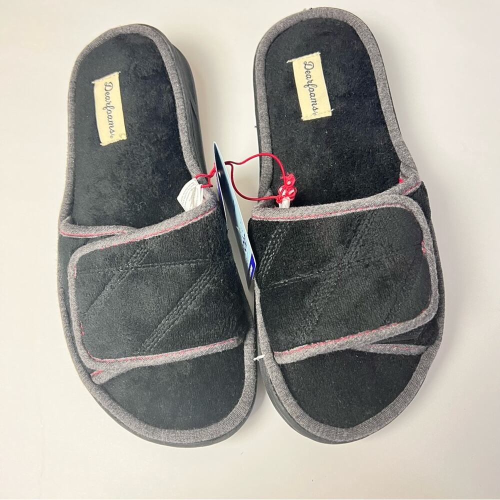 Dearfoams Men’s Secure  Snap Black No Sweat Slippers Sandals Sz S 7-8